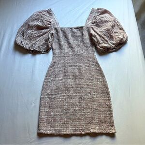 ATOIR peach pink plaid puff short sleeve ruched bodycon mini dress